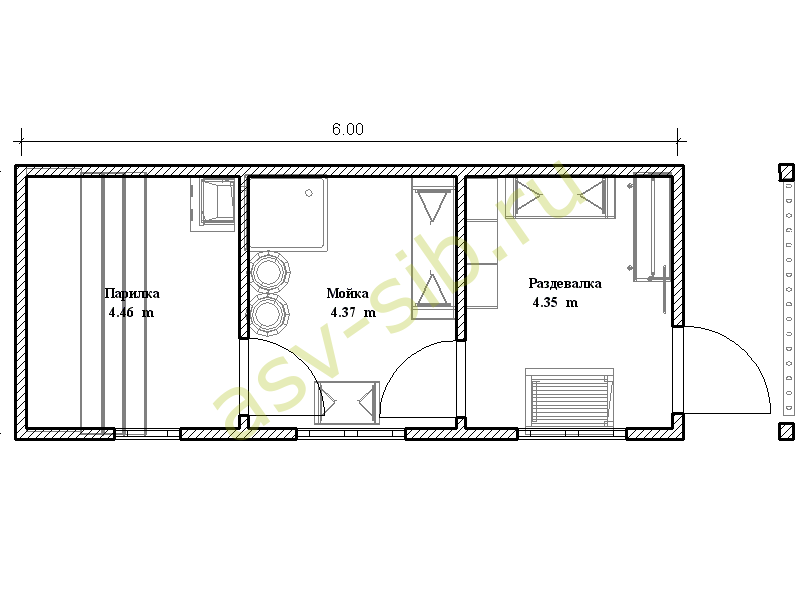 Планировка мобильной (передвижной) бани