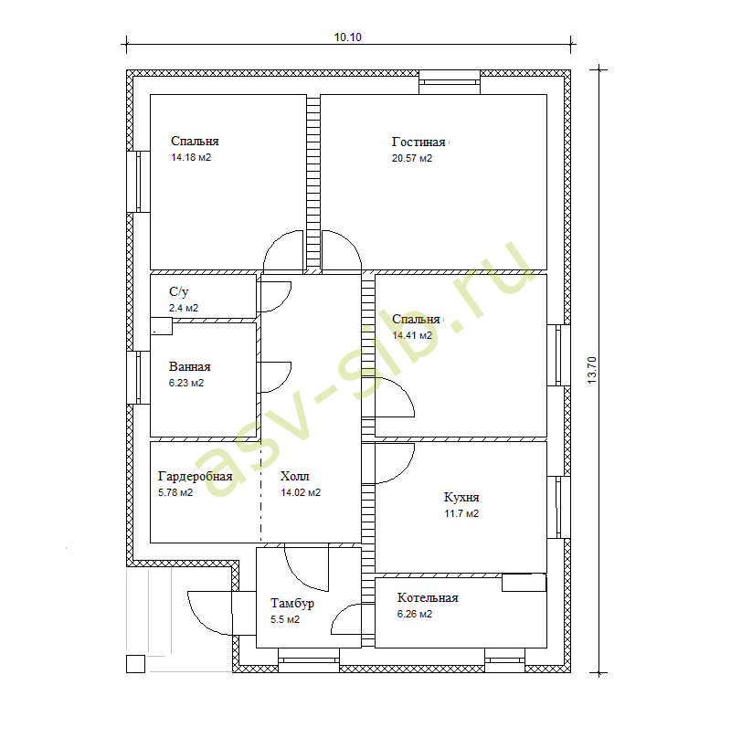 Планировка компактного одноэтажного дома по проекту П-101