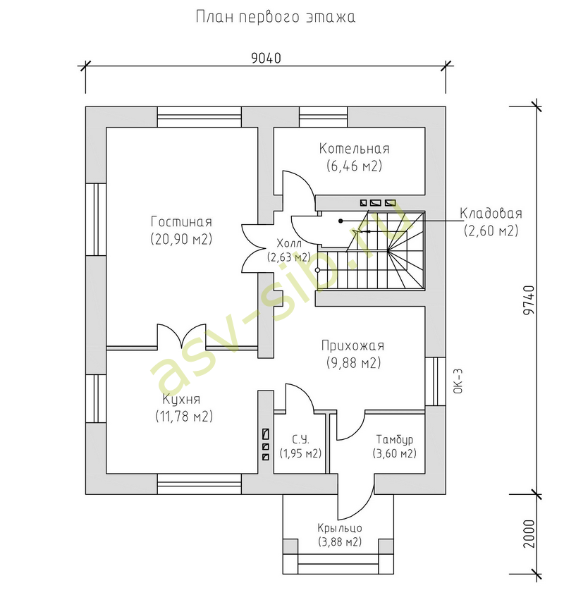 План первого этажа компактного дома в классическом стиле по проекту П117-119