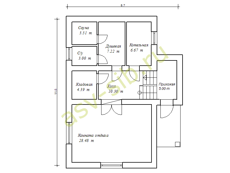 План цокольного этажа дома для узкого участка, проект П-213a