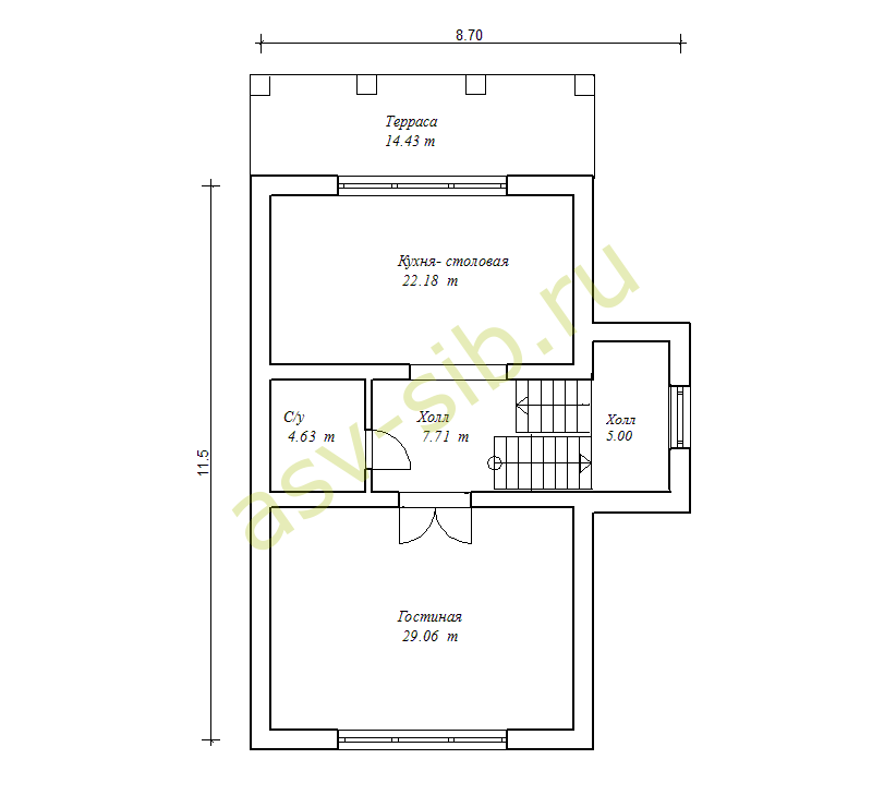 Планировка первого этажа дома для узкого участка с террасой, проект П-213a