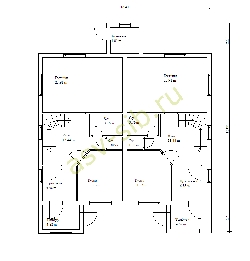 План первого этажа дома на две семьи по проекту П-224a
