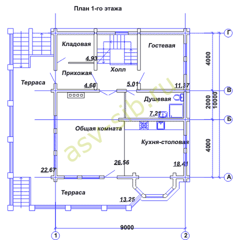 Брусовой дом в три этажа: план первого этажа