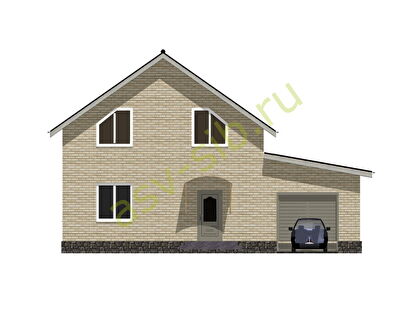 Двухэтажный дом из кирпича с гаражом К-144: вид спереди
