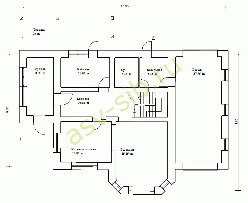 План первого этажа кирпичного дома с гаражом и террасой по проекту К-212a