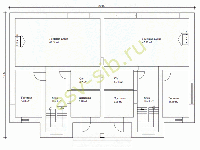План первого этажа кирпичного дома на две семьи по проекту К-371