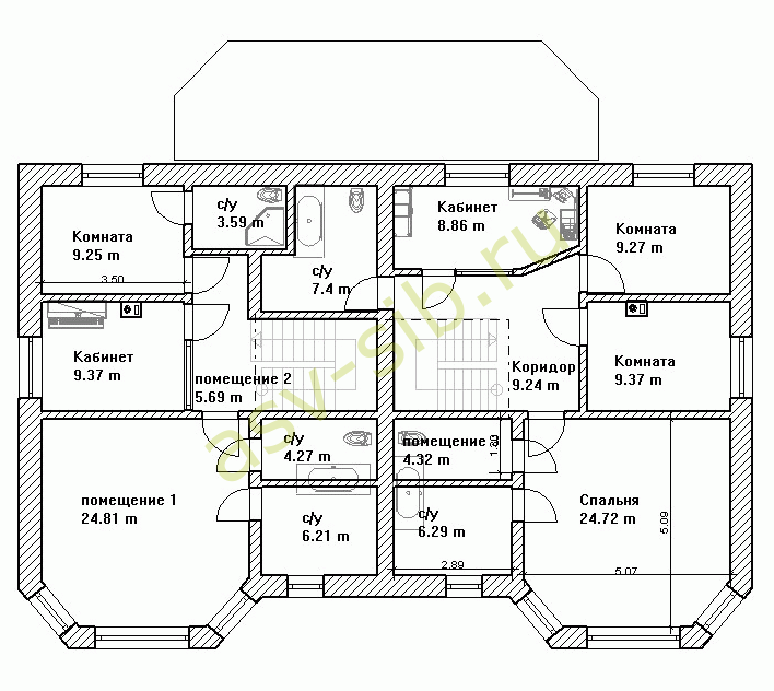 Трёхэтажный дом на две семьи из кирпича по проекту К-406: план второго этажа